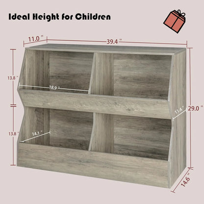 YGDU Kids , Toy Storage Organizer, Wooden Toy Storage Cabinet, 4 Cubby Children Bookcase, Toddler Book Toy Shelf for Bedroom, Nursery, Hallway, School, 39.4" Long, Gray Wash