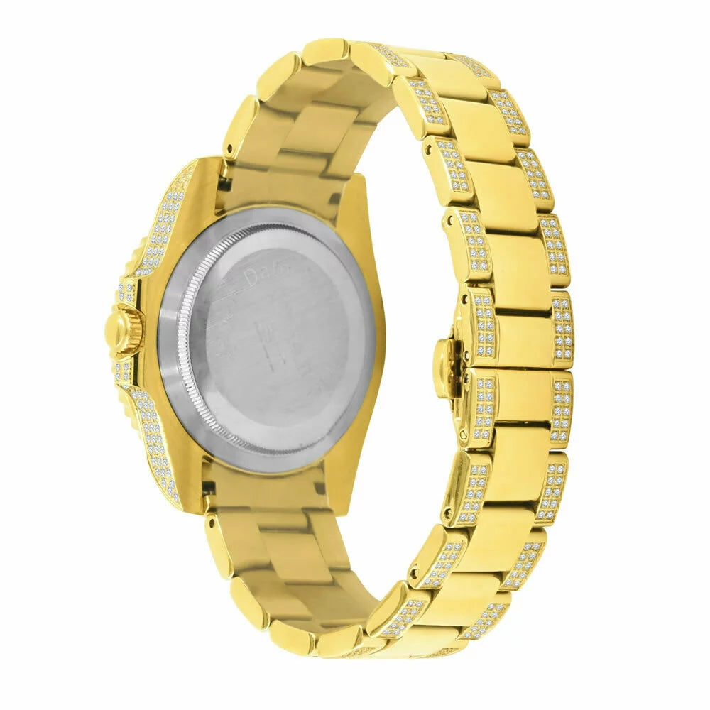 Solid Stainless Steel 18k Yellow Gold Simulated Diamond Mens Presidential Watch 40mm