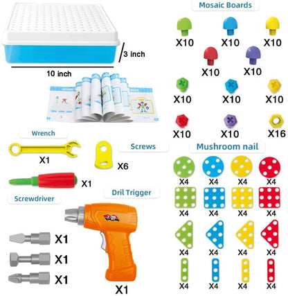 224 Pieces Creative Mosaic Drill Puzzle Kit, Electric Drill and Screwdriver Tool Set Toy, STEM Engineering Education Learning Building Block Toys, Game Activities Center for Kids Ages 3-10 Years Old