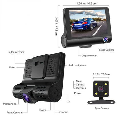 Cheefull Wide Angle Dash Cam 4 Inch 3 Cameras Wide Angle Night Vision Loop Recording Car Driving Recorder Backup Camera