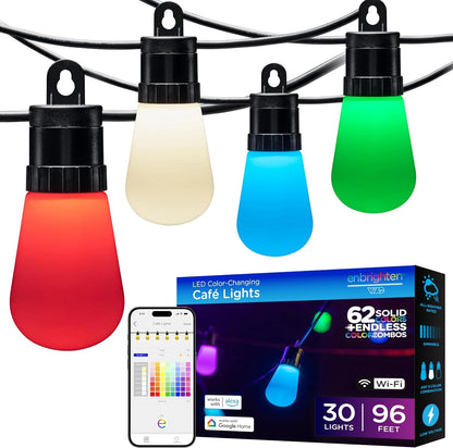 YANRUI Smart Color Changing String Lights, 96 ft, 30 Lightweight RGB LED Patio Lights, Weatherproof, Customizable, Wi-Fi App Control, Dimmable Outdoor String Lights, 79617