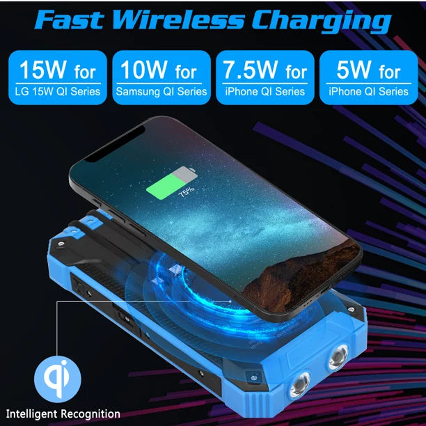 Solar Power Bank 20000mAh Built-in 4 Cables Qi Wireless Charger For Ulefone Armor Mini 2 with LED Flashlight Solar Portable External Battery IPX4 Waterproof 15W 5V/3A USB C Port 6 Outputs 3 Inputs