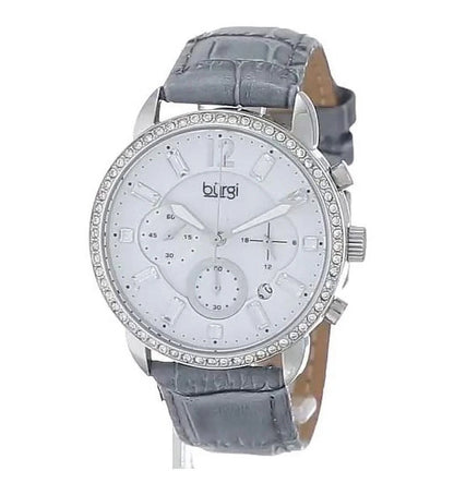 Women's Crystal Dial Chronograph Genuine Leather Strap Watch - Silver-Tone