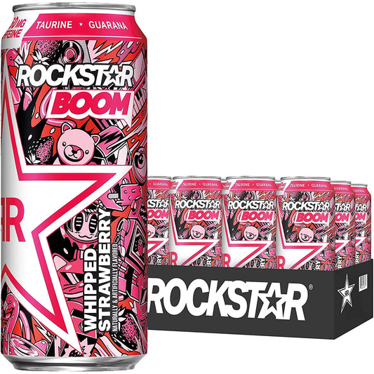 Rockstar, Boom Energy Drink with Caffeine and Taurine 16oz Cans Pack Packaging May Vary, Whipped Strawberry, 12 Count