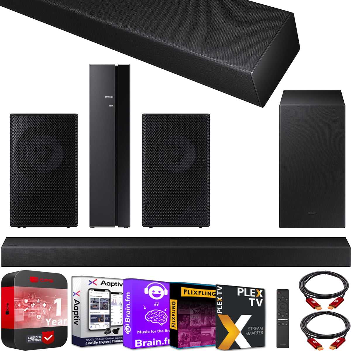 Samsung HW-A450 4.1ch Surround Sound Wireless Home Theater Bundle 2.1ch Dolby Audio Soundbar 2021 HW-A450/ZA + Swa-9100S 2ch Rear Speaker Kit + Subwoofer + Extended Coverage + 2 Deco Gear HDMI Cables