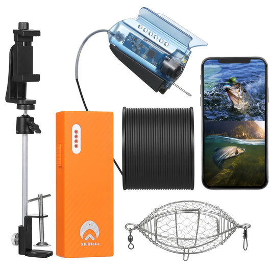 Carevas 1080P Underwater Fishing Camera with APP Control Fishing Live Video Camera Fish Finder with 50M Cable Mobile Phone Holder Bait Cage Carry Case for Ice Lake Sea Boat Kayak Fishing