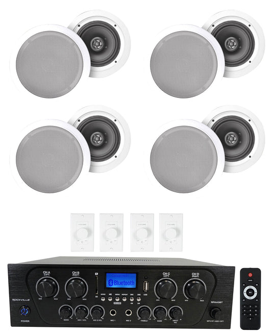 Rockville 4-Room Home Audio Kit Stereo+8 White 8" Ceiling Speakers+Wall Controls