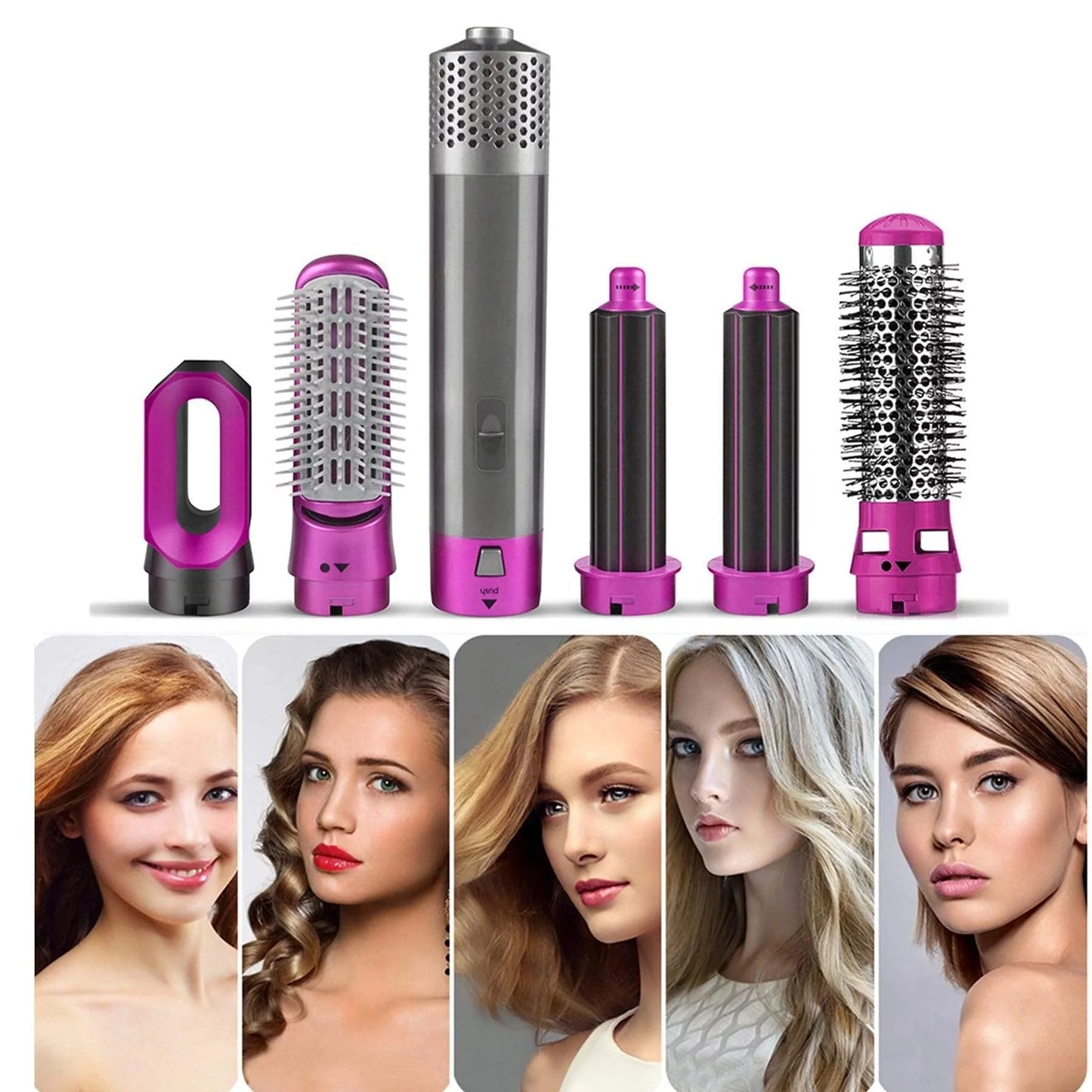 5-in-1 Electric Hair Dryer Brush - Negative Ionic Hair Styler with Detachable Brush Heads - Blow Dryer Brush for Straightening and Automatic Curling Styling, Color: PinkGold