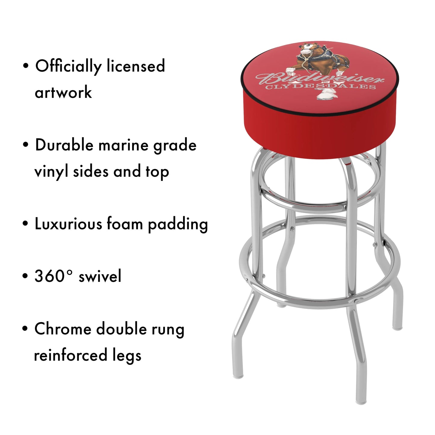 Trademark Gameroom Budweiser Clydesdale Red Bar Stool with Padded Saddle