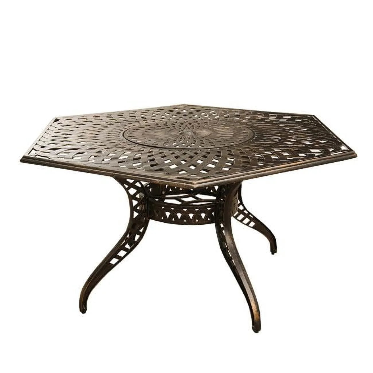 63 in. Contemporary Modern Outdoor Mesh Lattice Aluminium Hexagon Dining Table with Lazy Susan, Bronze