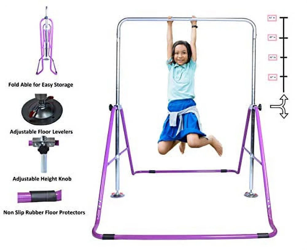 Athletic Bar Expandable Gymnastics Bar Horizontal Kip Bar Junior Training Adjustable Height Jungle Gym Children Folding Monkey Bars Climbing Tower Playground Balance Bar Gymnasts Purple