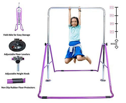 Athletic Bar Expandable Gymnastics Bar Horizontal Kip Bar Junior Training Adjustable Height Jungle Gym Children Folding Monkey Bars Climbing Tower Playground Balance Bar Gymnasts Purple