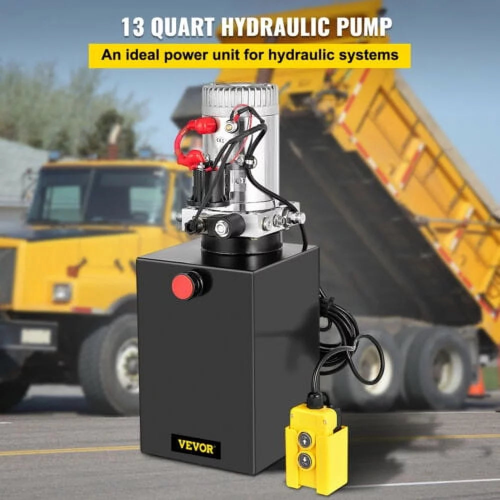 VEVOR Hydraulic Pump 13 Quart Dump Trailer Single Acting Power Unit 12V,with Control Remote 3200PSI Steel Reservoir 12 Volt Black