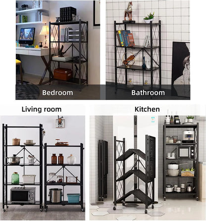 Storage Shelves, 5-Shelf Foldable Metal Garage Shelving Units 28" W x 14" D x 65" H for Kitchen Bakers Closet, Metal Wire, Collapsible Organizer Rack, Heavy Duty on Wheels (5- shelf storage)