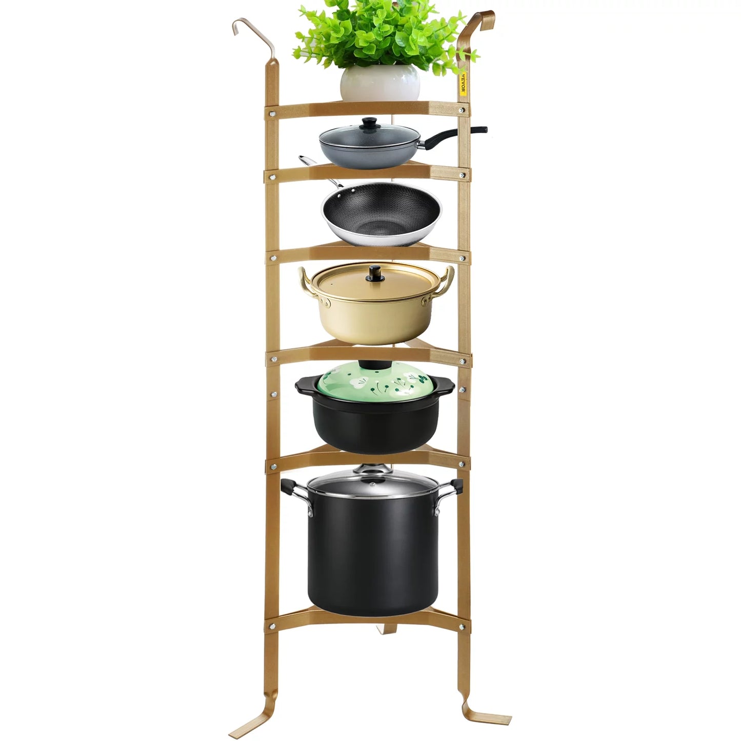 6-Tier Cookware Stand, Carbon Steel Multi-Layer Pot Rack, 61-inch Cookware Shelf, Copper Cookware Storage Tower, Unassembled Kitchen Corner Shelf Rack for Pans, Pots, Baskets Kettles Storage