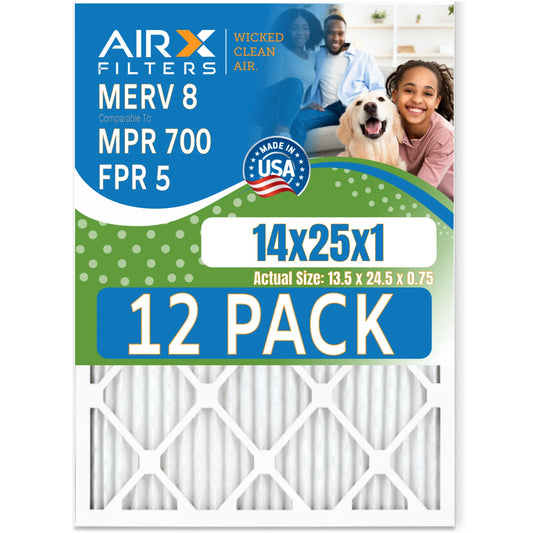 14x25x1 Air Filter MERV 8 Rating, 12 Pack of Furnace Filters Comparable to MPR 700 & FPR 5 - Made in USA by AIRX FILTERS WICKED CLEAN AIR.