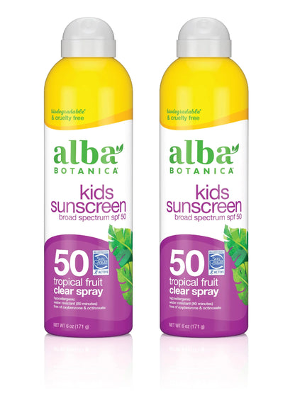 Alba Botanica Kids Sunscreen For Face And Body, Tropical Fruit Sunscreen Spray For Kids, Broad Spectrum Spf 50, Water Resistant And Hypoallergenic, 6 Fl. Oz. Bottle (Pack Of 2).