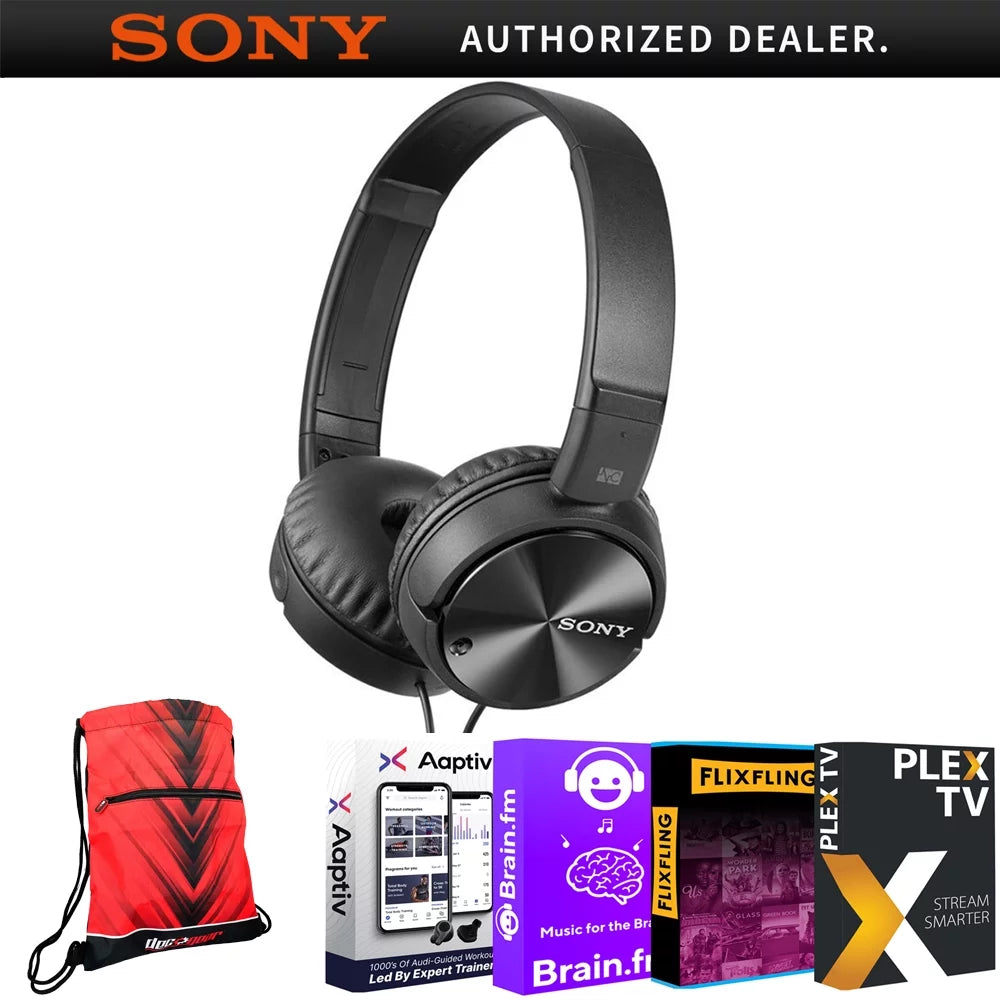 Sony MDRZX110NC Noise Cancelling Headphones Extended Battery Life Bundle with Tech Smart USA Audio Entertainment Bundle + Deco Essential Drawstring Bag