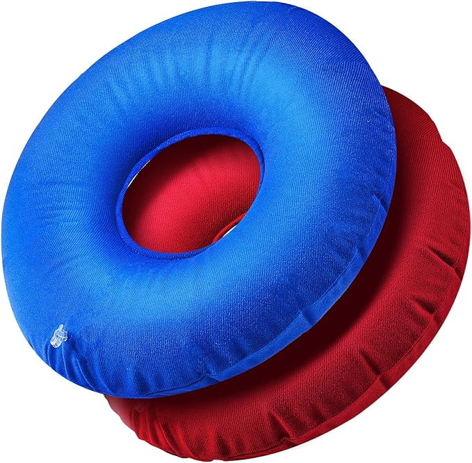 Zonon 2 Pieces Inflatable Donut Cushion Inflatable Ring Cushion Chair 15 Inch Round Inflatable Cushion Portable Donut Cushion Pillow for Home Office Chair Wheelchair Car, 2 Colors (Blue, Red)