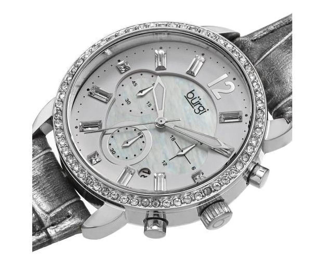 Women's Crystal Dial Chronograph Genuine Leather Strap Watch - Silver-Tone