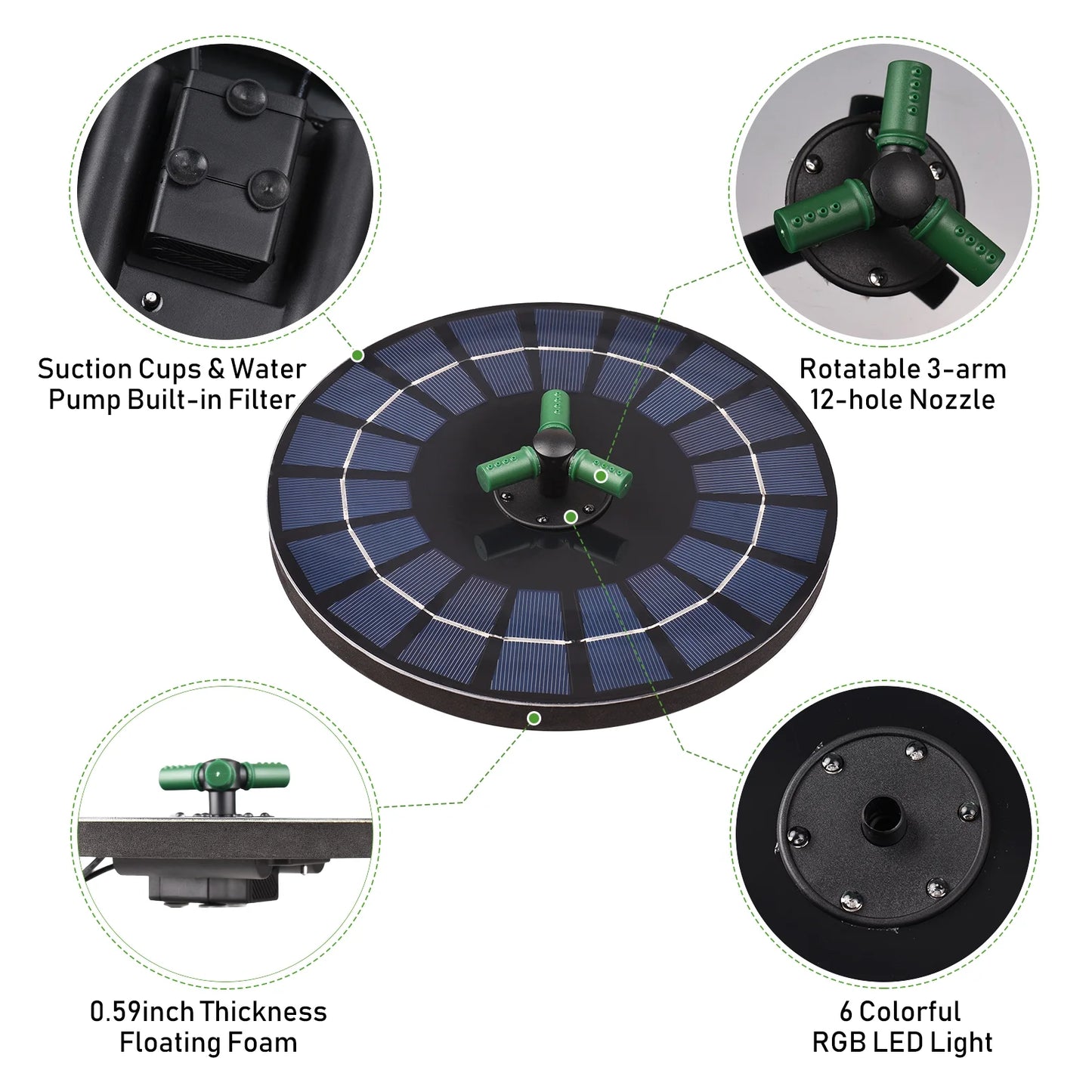 6W Colorful Solar Fountain Pump With Rotatable Nozzle RGB Solar Pump With Battery Auto-Shut off 9 Inch Fountain for Bird Bath Garden Small Pond