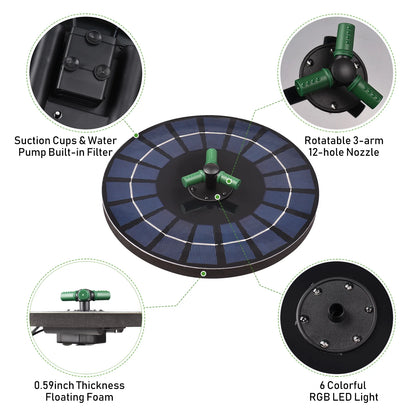 6W Colorful Solar Fountain Pump With Rotatable Nozzle RGB Solar Pump With Battery Auto-Shut off 9 Inch Fountain for Bird Bath Garden Small Pond