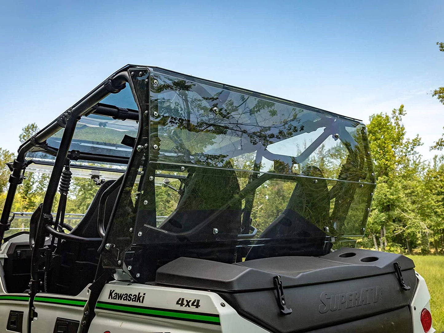 SuperATV Heavy Duty Rear Windshield for 2014+ Kawasaki Teryx 4 800 / 2021+ Teryx 4 S 1/4" Thick Lightly Tinted Polycarbonate 250x Stronger Than Glass Protects You From Flying Debris Made in USA!