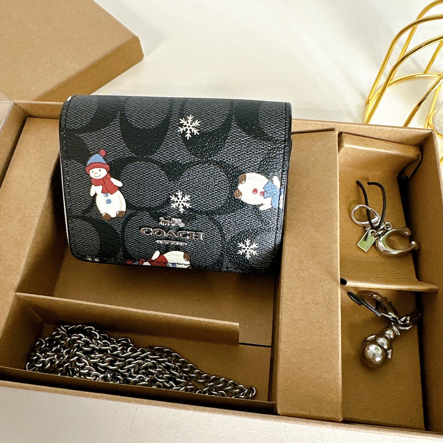 Coach CN047 Boxed Mini Wallet On A Chain In Signature Canvas With Snowman Print IN Black Multi